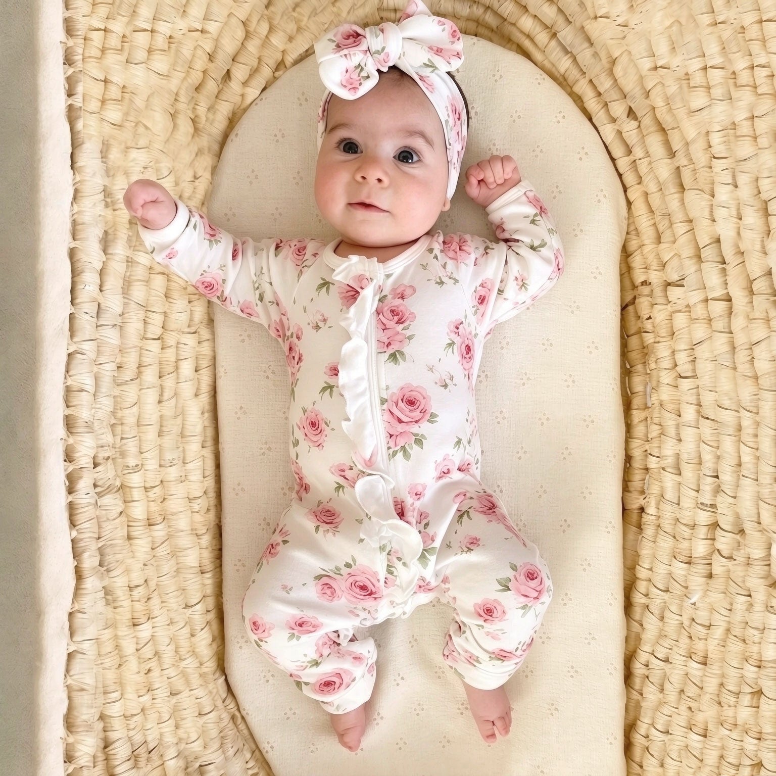 2PCS Sweet Floral Printed Ruffle Zipper Long Sleeve Baby Jumpsuit