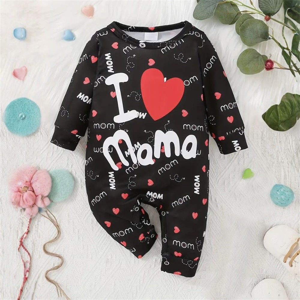 I Love Mama Letter Print Long Sleeve Baby Jumpsuit