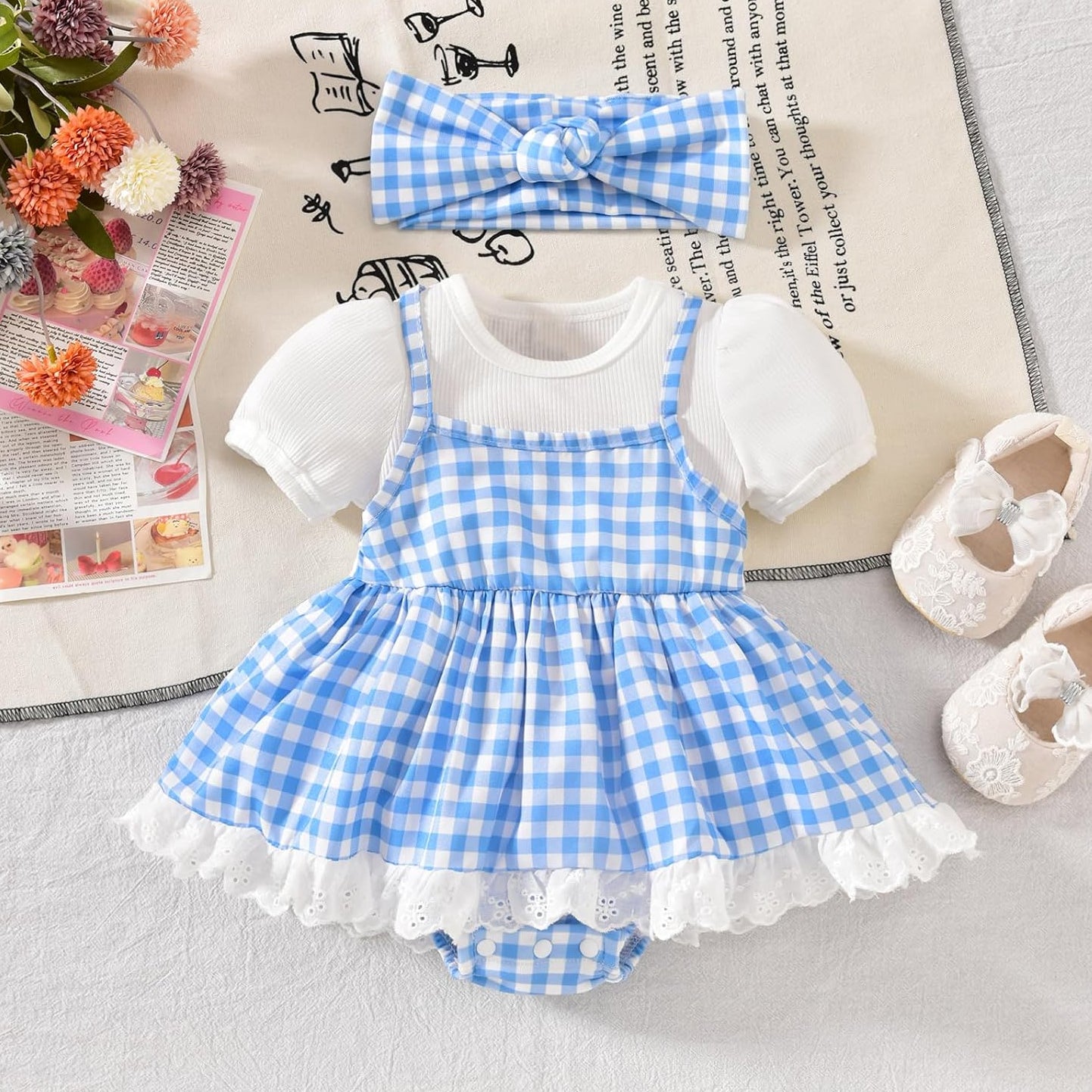 2PCS Cheerful Faux Layered Plaid Print Short Sleeve Baby Romper