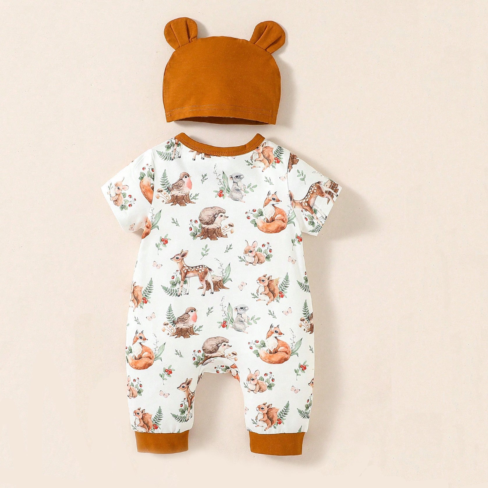 2PCS Cute Sika Deer Printed Short Sleeve Baby Jumpsuit