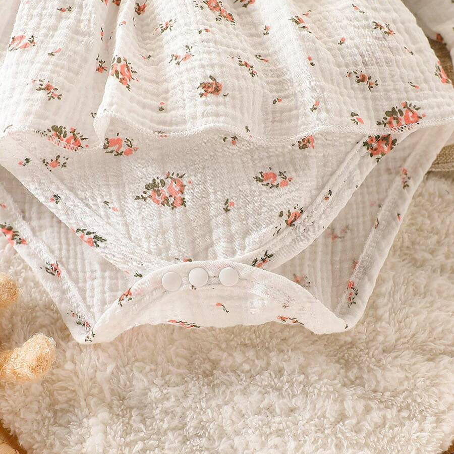 3PCS Floral Printed Bow Long Sleeve Baby Girl Romper