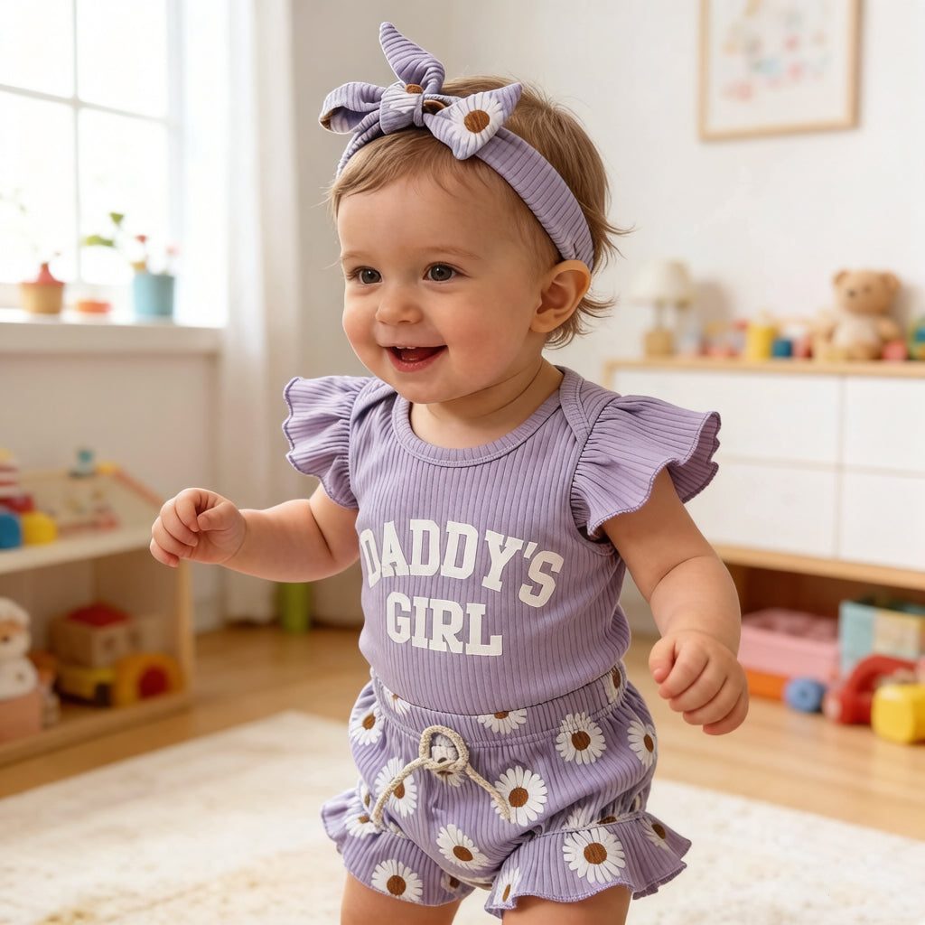 3PCS Daddy's Girl Letter Daisy Print Flutter Sleeve Baby Set