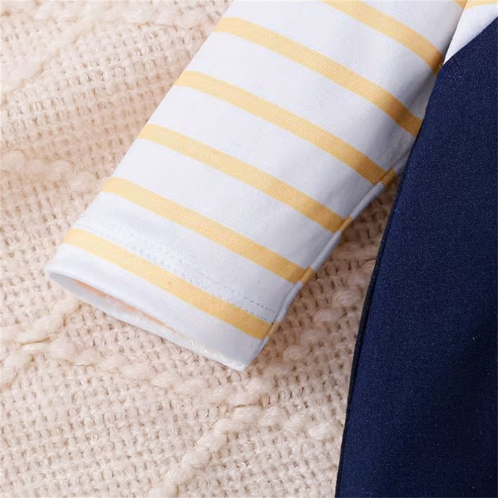 2PCS Cute Elephant Print Striped Long Sleeve Baby Jumpsuit