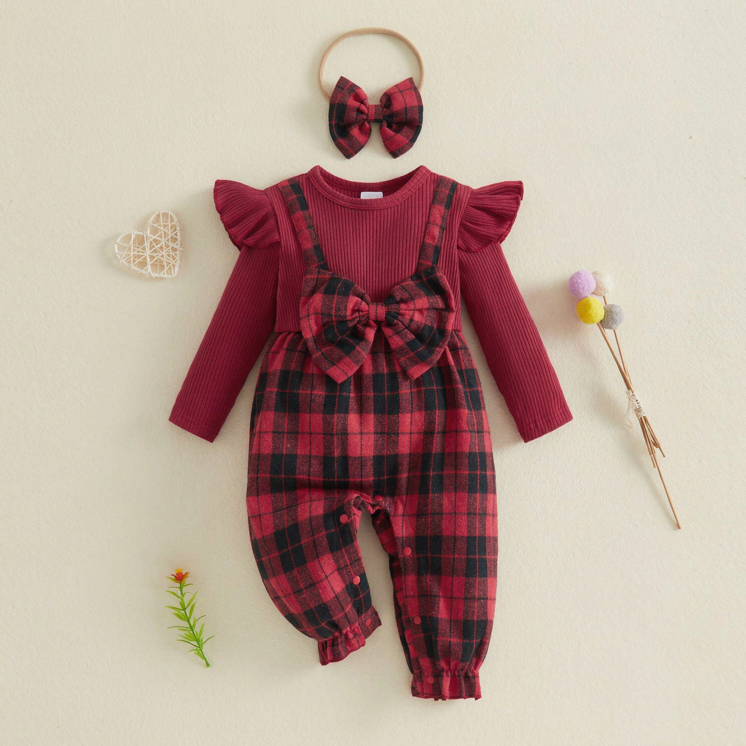 2PCS Precious Plaid Printed Bow Long Sleeve Baby Jumpsuit