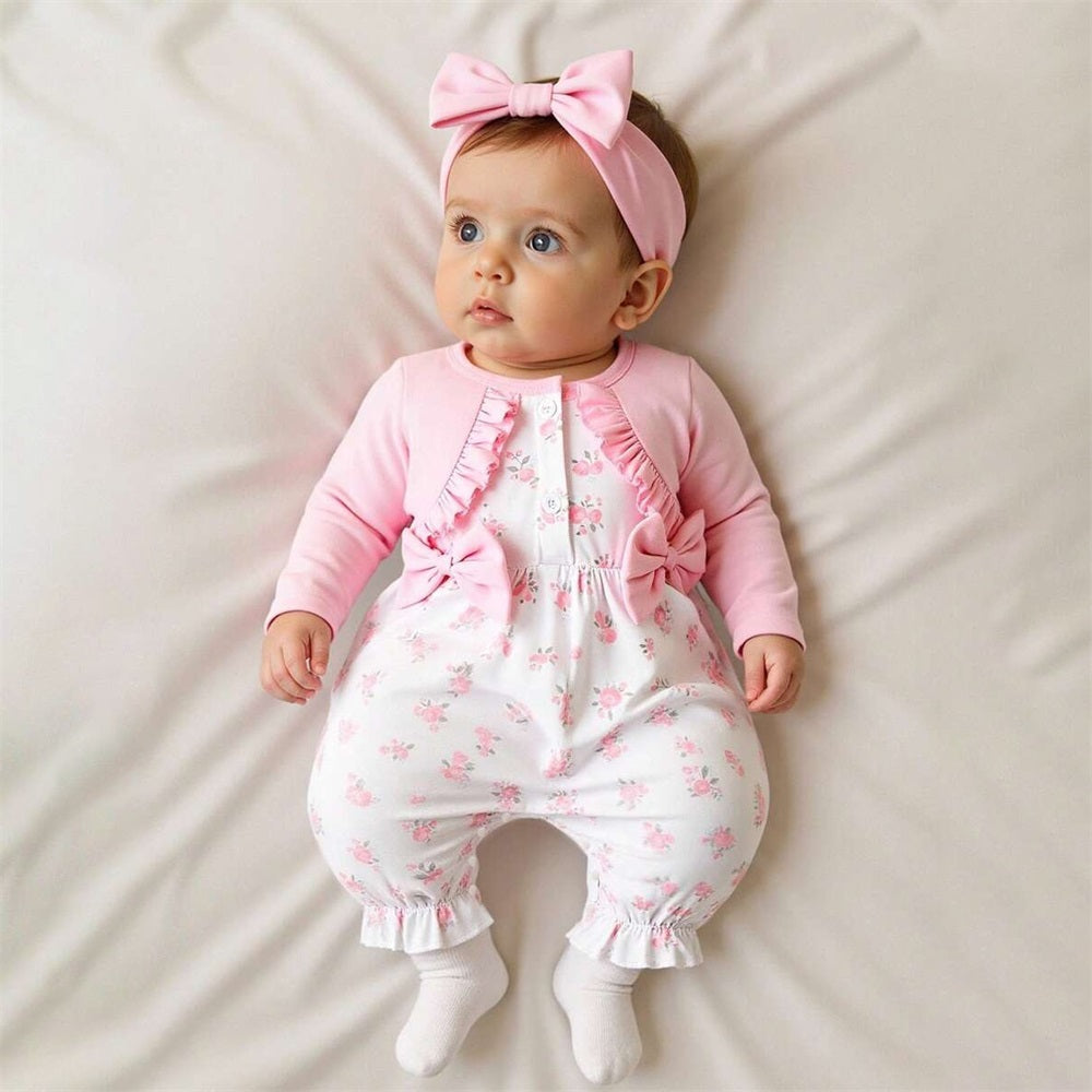 2PCS Sweet Floral Print Bow Decoration Baby Jumpsuit