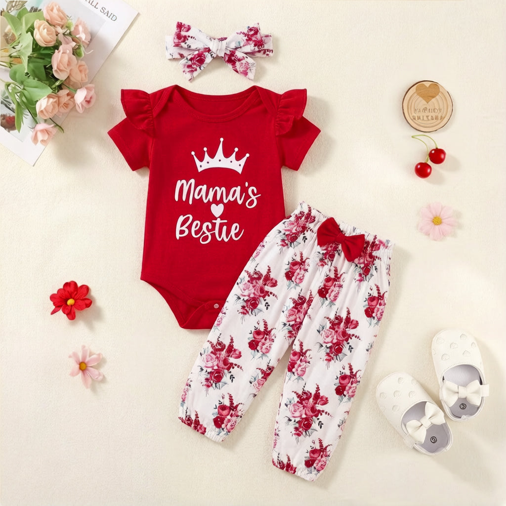 3PCS Mama‘s Bestie Letter Floral Print Short Sleeve Baby Set