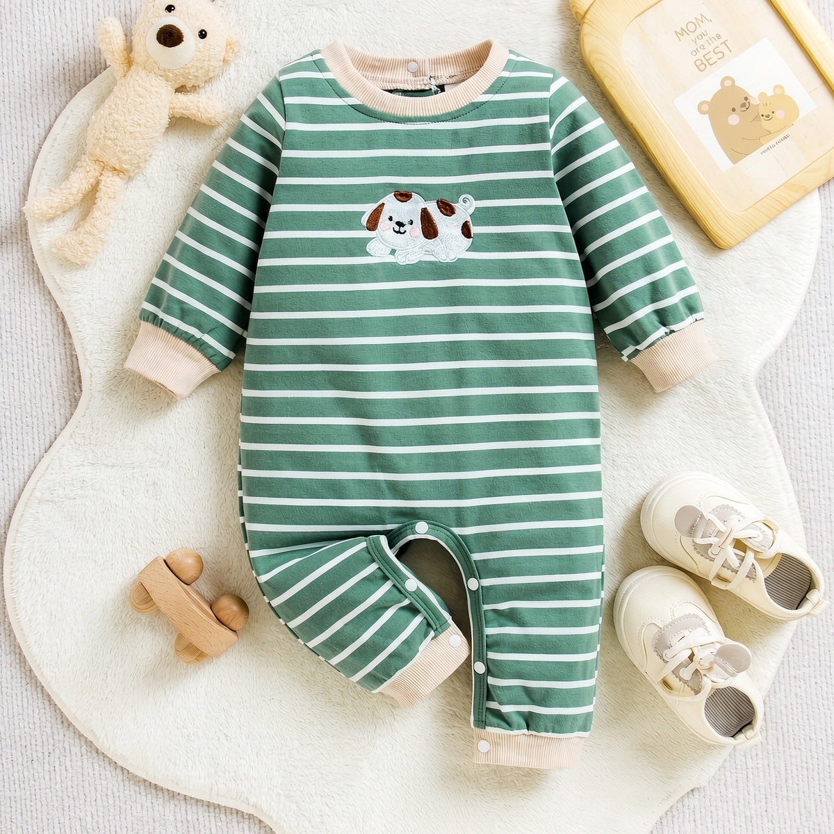 Lovely Pet Puppy Applique Stripe Print Long Sleeve Baby Jumpsuit