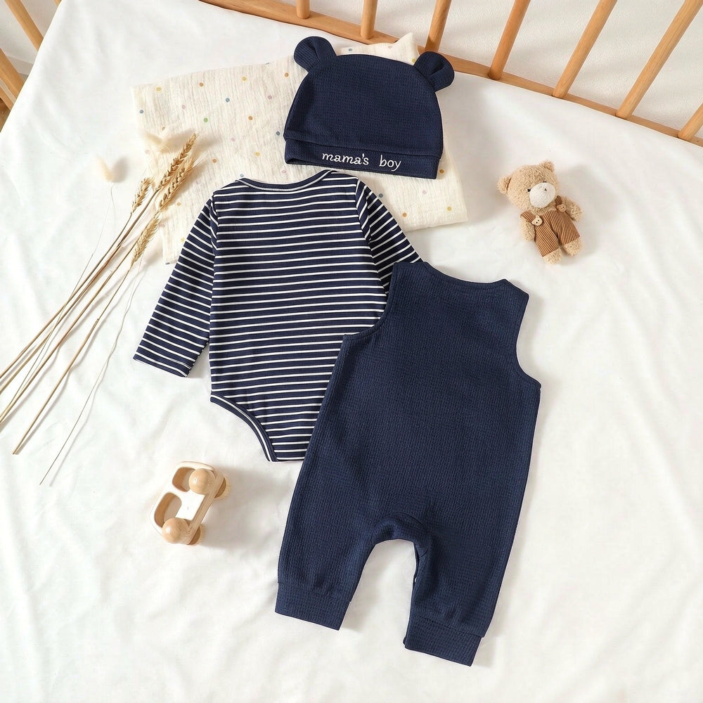 3PCS Mama's Boy Letter Applique Stripe Print Long Sleeve Baby Overalls Set