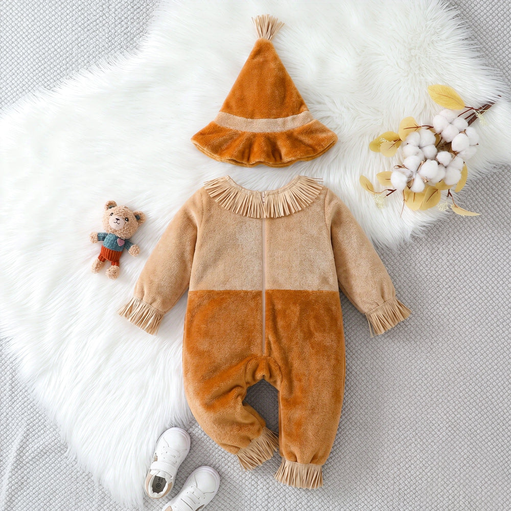 2PCS Vintage Scarecrow Style Plush Long Sleeve Baby Jumpsuit