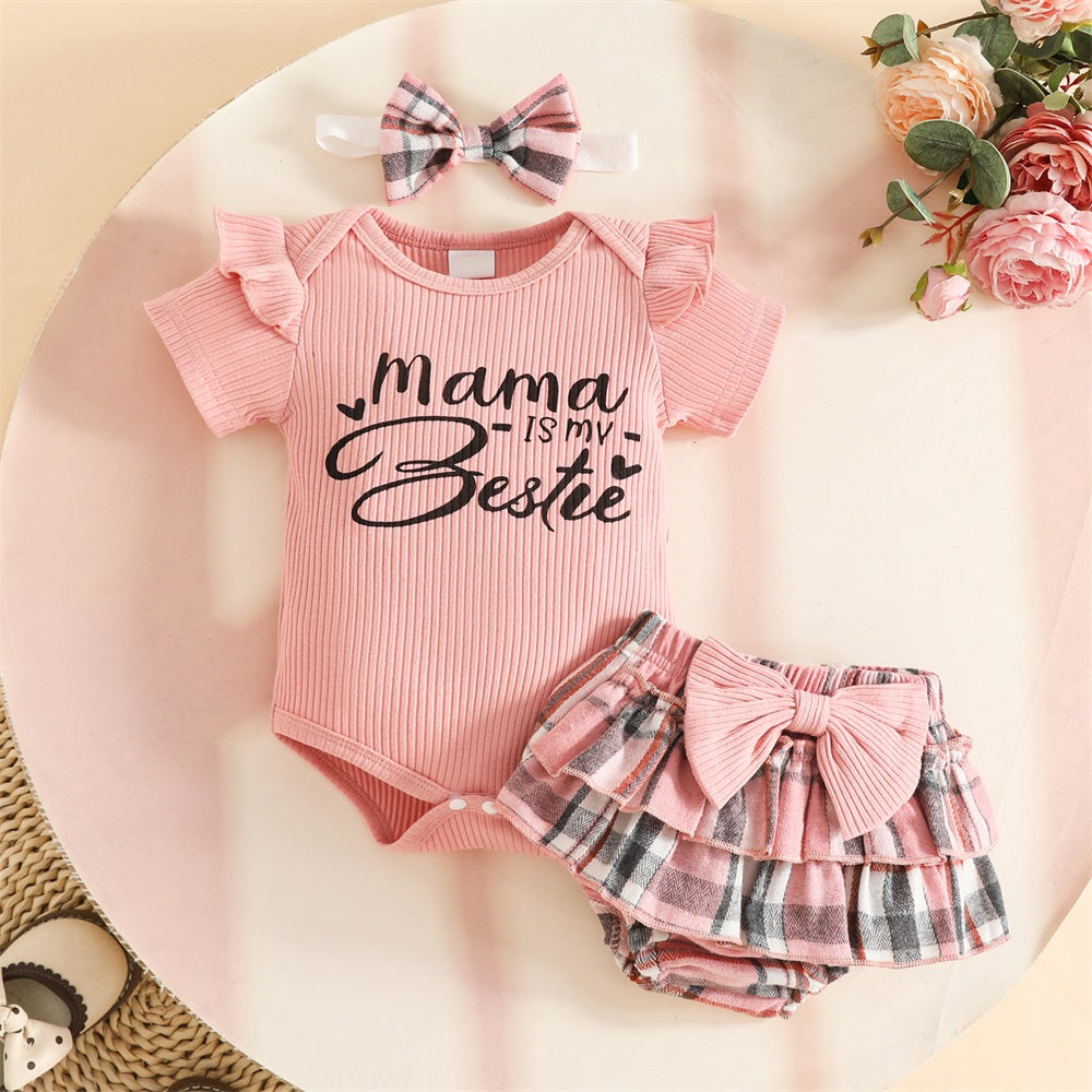 3PCS Mama Is My Bestie Letter Print Short Sleeve Baby Set