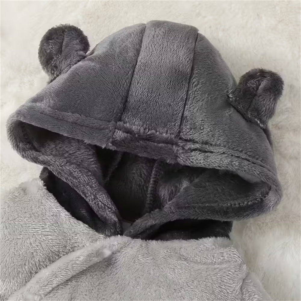 Warm Plush Bear Print Long Sleeve Baby Hooded Jumpsuit