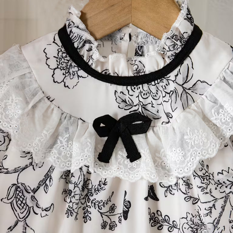 2PCS Vintage Floral Print Lace Eyelet Long Sleeve Baby Girl Romper