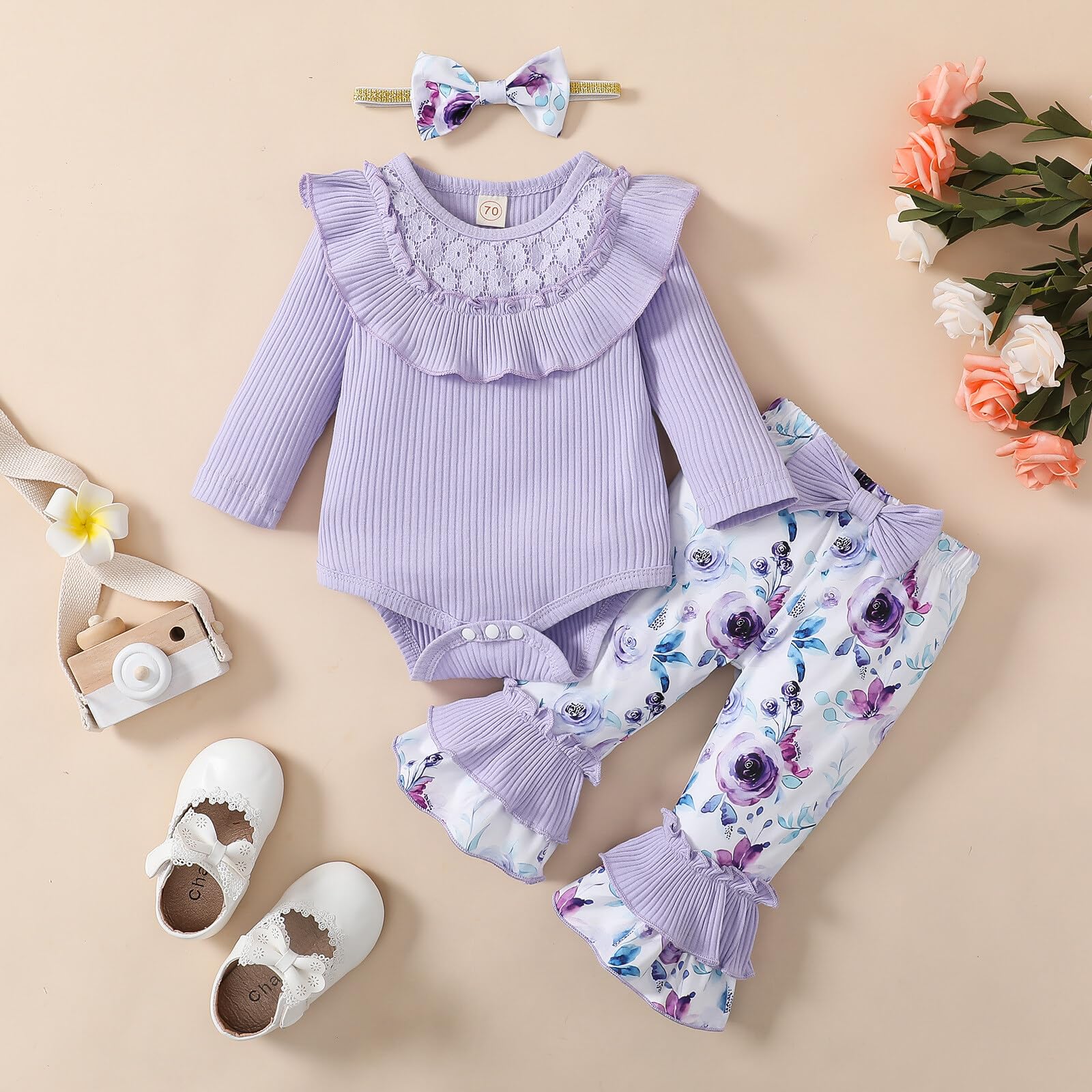 3PCS Graceful Floral Printed Long Sleeve Baby Set