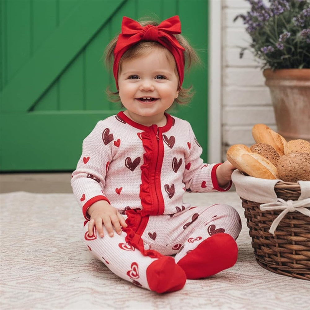 2PCS Cute Heart Print Ruffle Long Sleeve Baby Jumpsuit