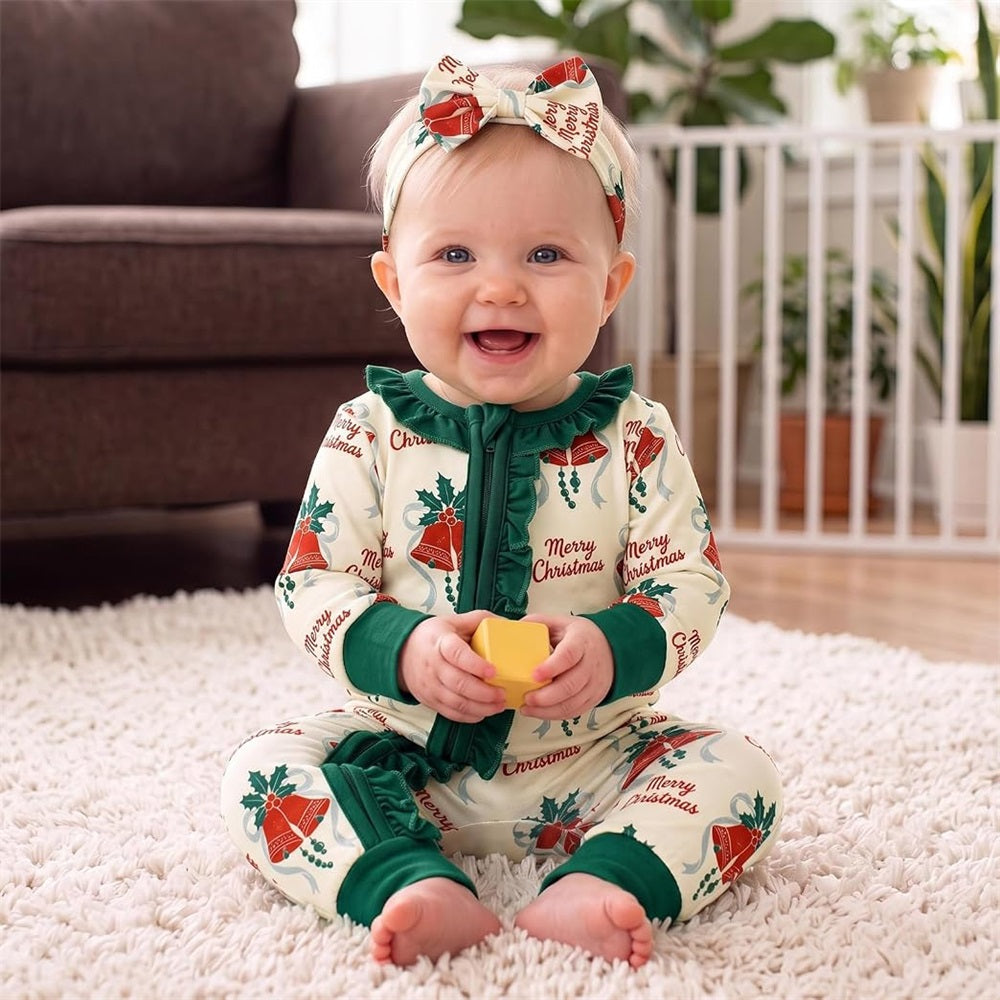 2PCS Merry Christmas Letter Print Ruffle Trim Baby Jumpsuit