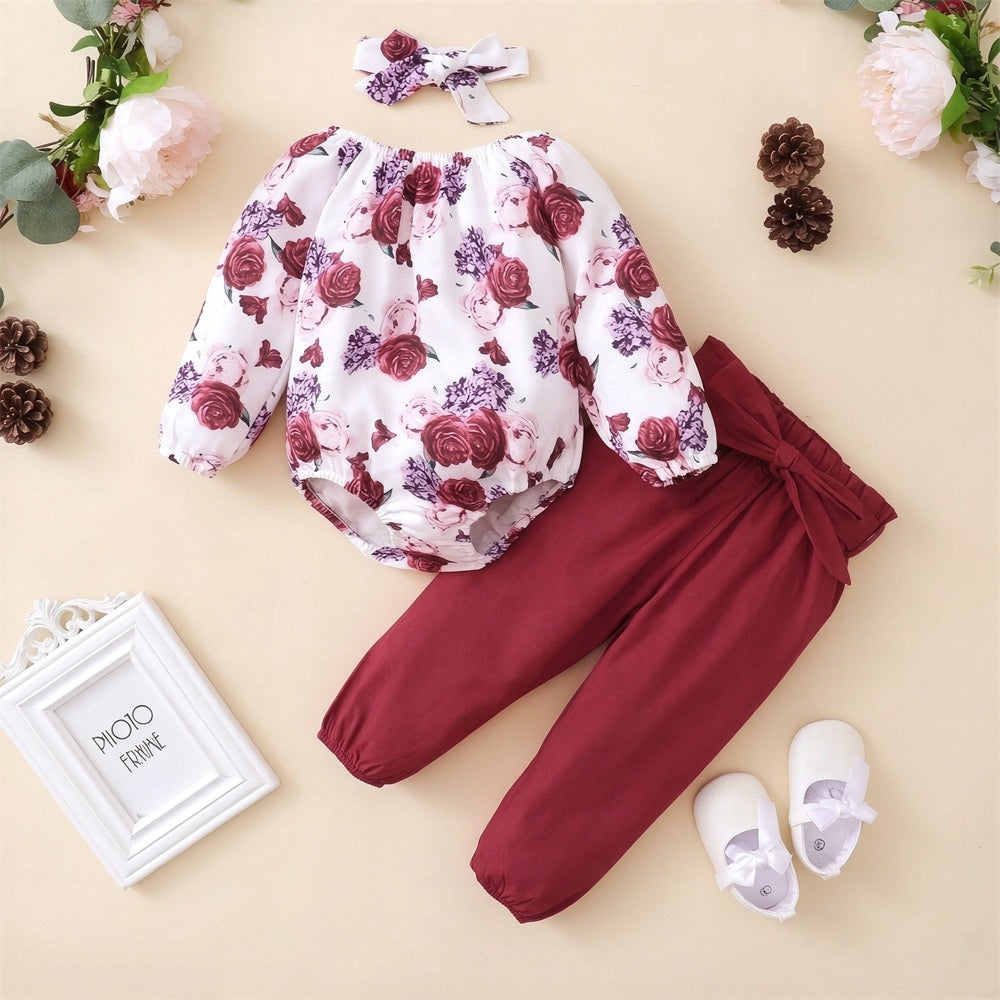 3PCS Refined Floral Print Bowknot Decor Long Sleeve Baby Girl Set