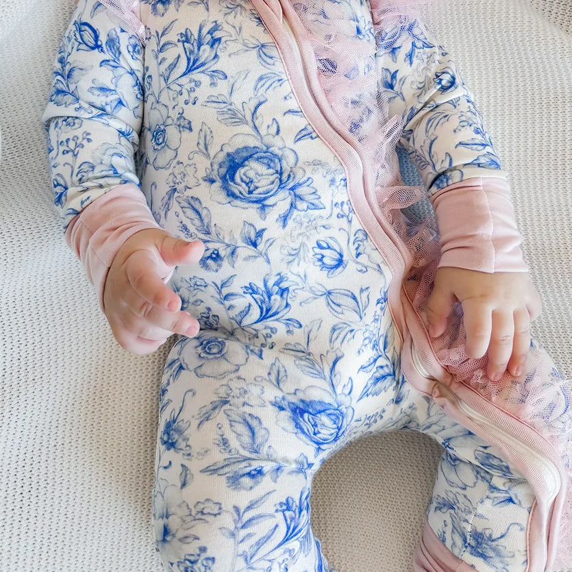 2PCS Baby Girl Floral Print Ruffle Long Sleeve Zipper Jumpsuit