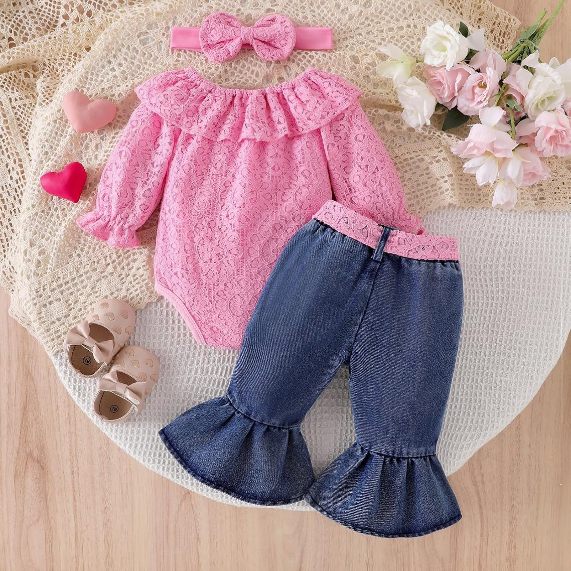3PCS Chic Lace Top and Distressed Denim Bell-Bottom Baby Girl Set