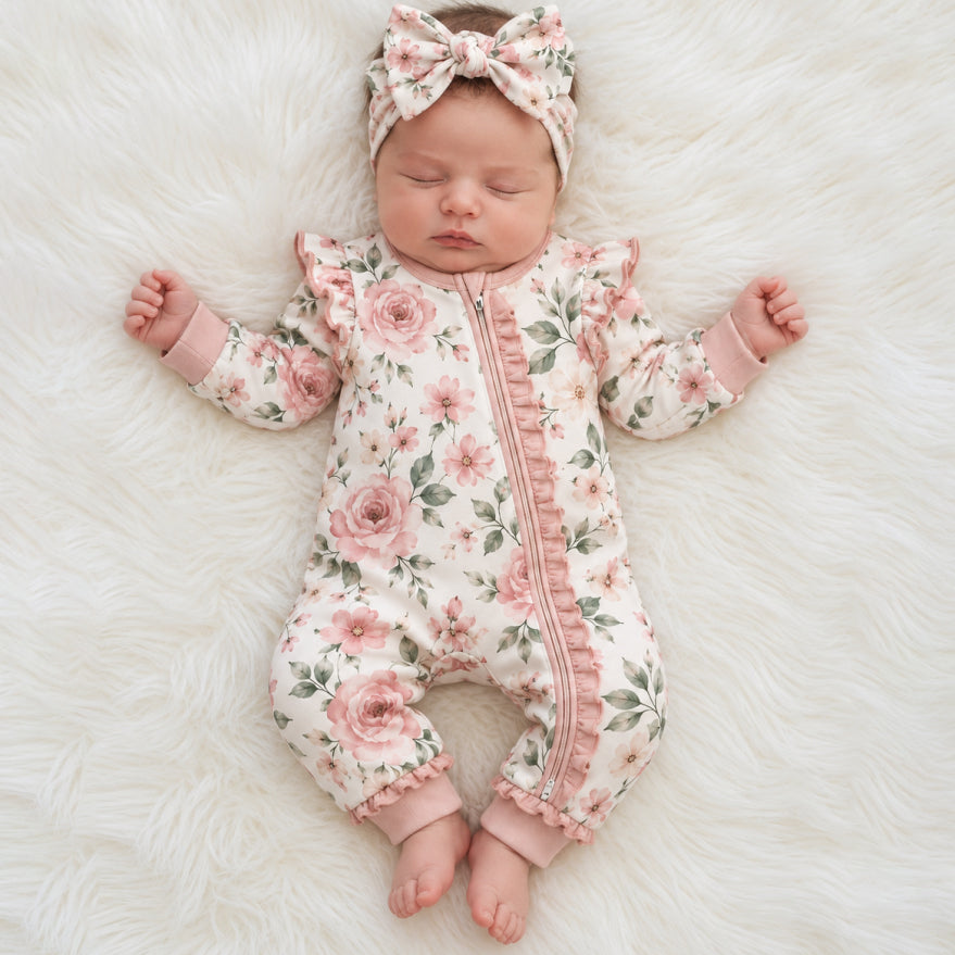 2PCS Sweet Floral Print Long Sleeve Ruffle Baby Zipper Jumpsuit