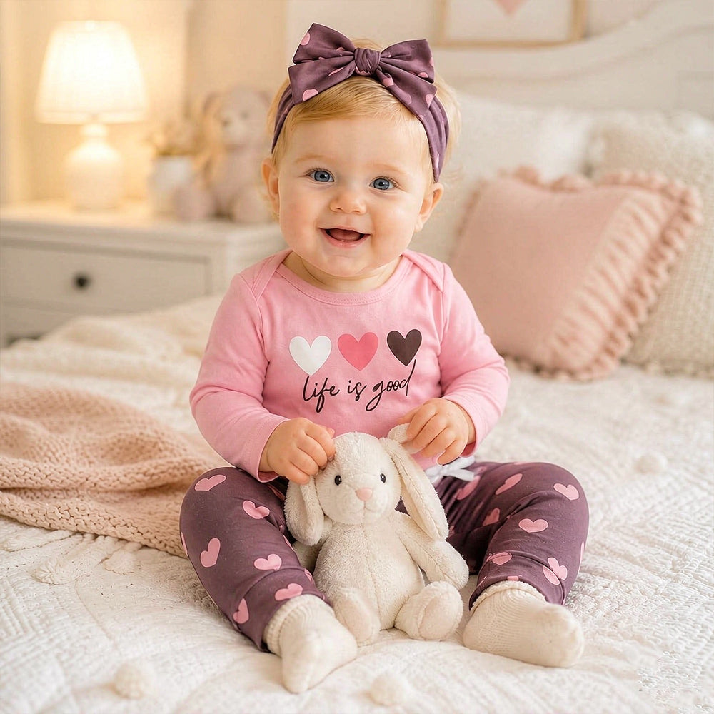 3PCS Cute Life Is Good Letter Heart Printed Baby Set