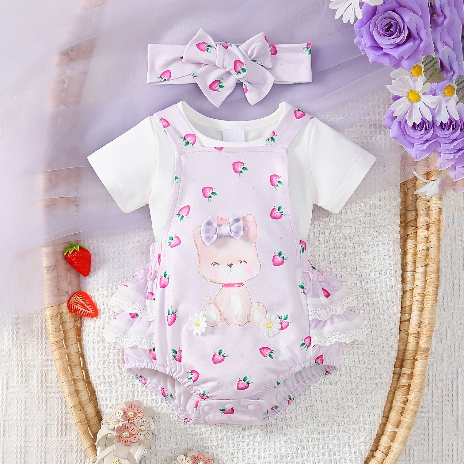 3PCS Strawberry Cartoon Cat Print Short Sleeve Overalls Baby Set