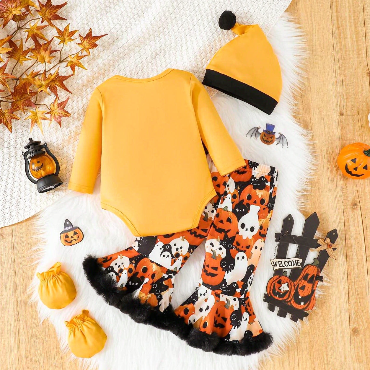 3PCS Spooky My First Halloween Ghost Printed Long Sleeve Baby Set