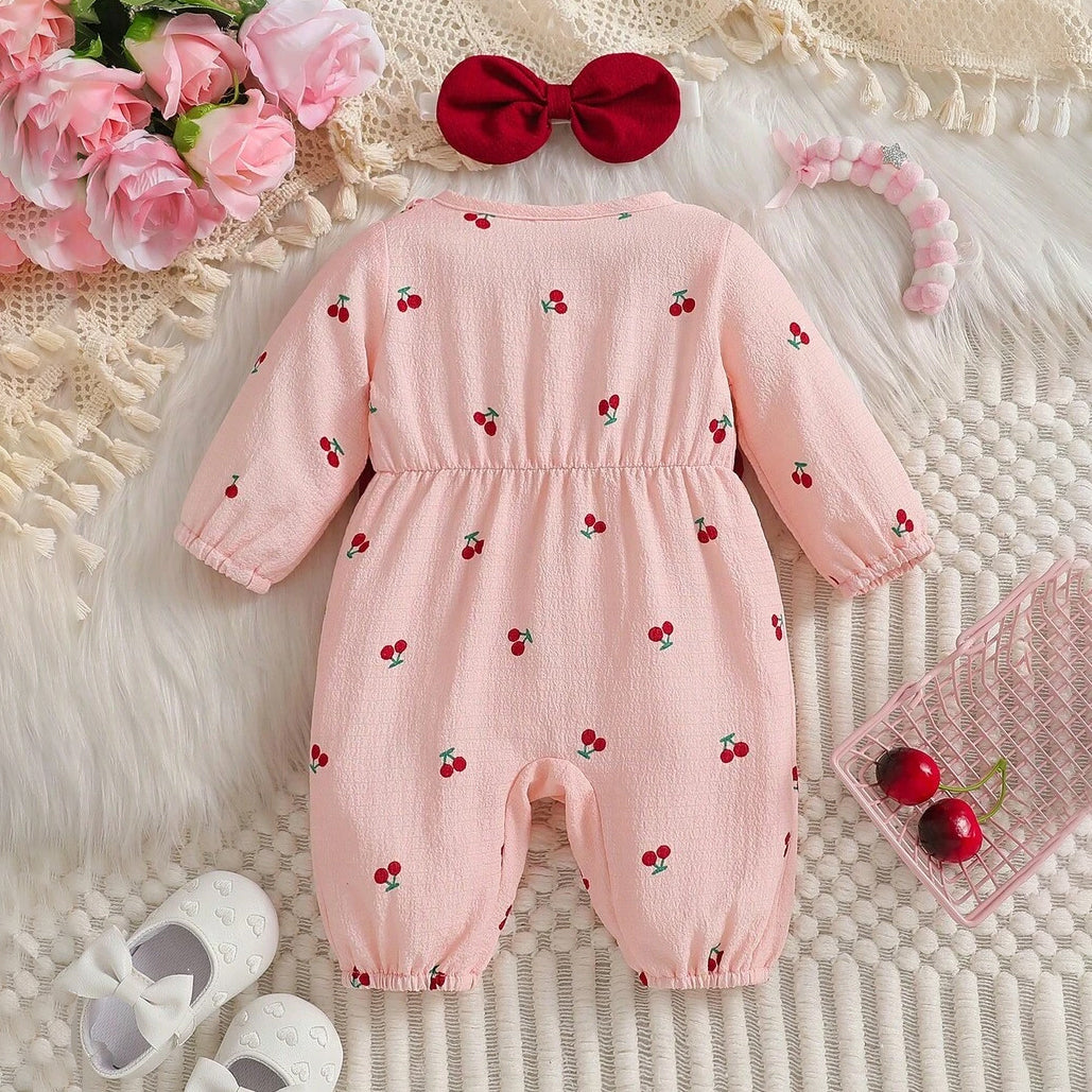 2PCS Elegant Cherry Print Long Sleeve Baby Jumpsuit
