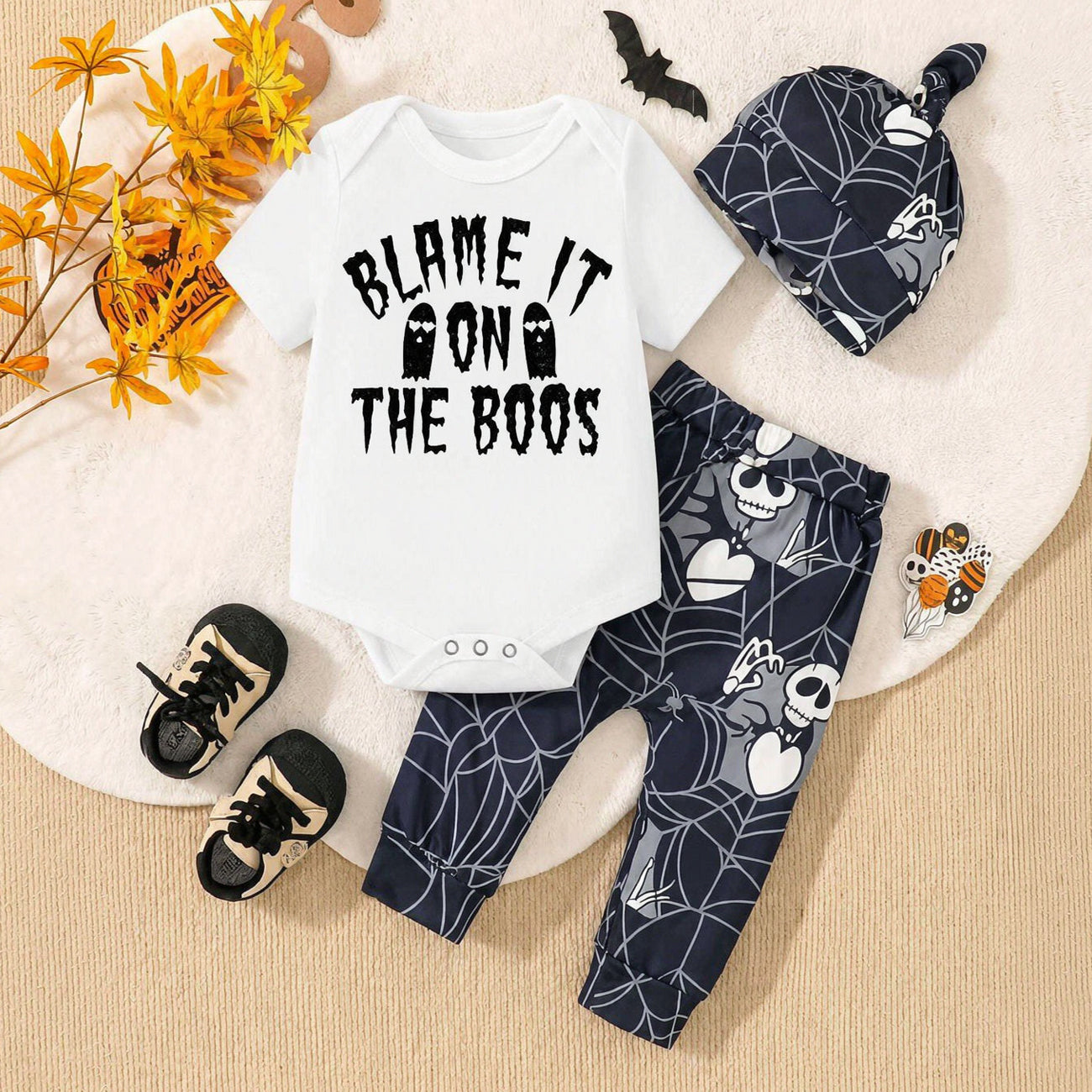 3PCS Blame It on The Boos Letter Skull Print Short Sleeve Baby Set
