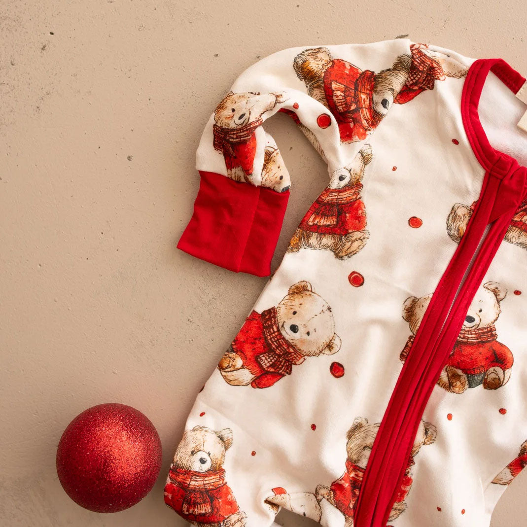 Cute Christmas Bear Printed Zipper Long Sleeve Baby Jumpsuit