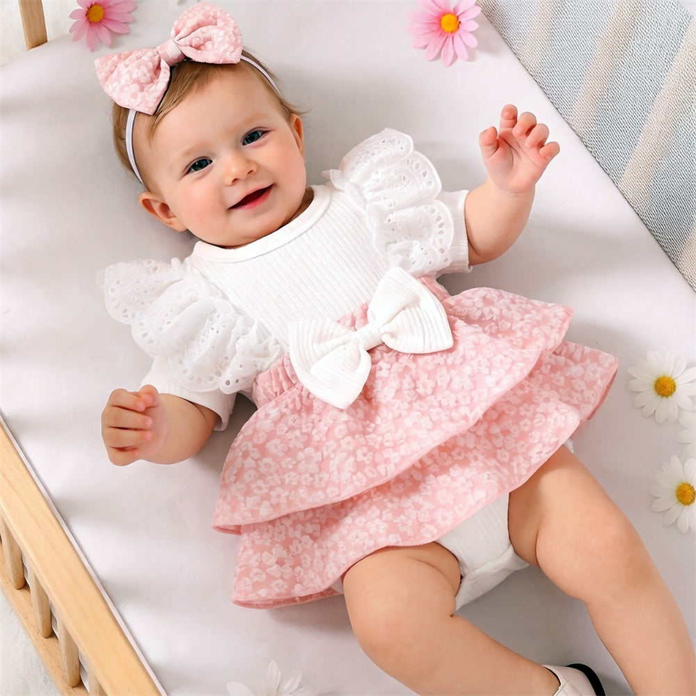 2PCS Cheerful Floral Print Short Sleeve Baby Girl Romper
