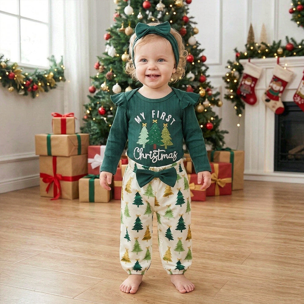 3PCS Sweet My First Christmas Letter Applique Tree Print Baby Girl Set