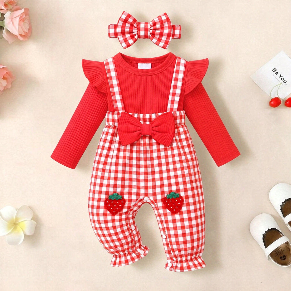 2PCS Strawberry Applique Plaid Print Faux Two Piece Baby Girl Jumpsuit