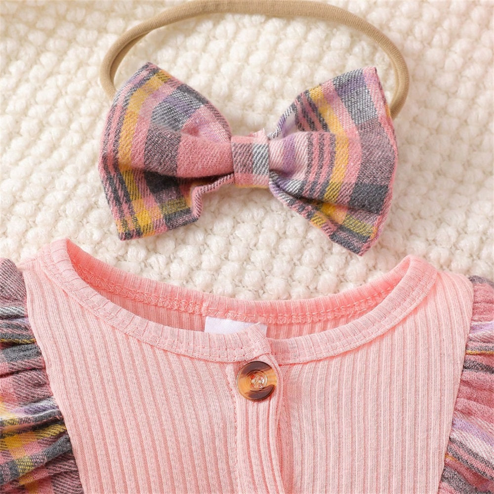 2PCS Sweet Plaid Print Ruffle Long Sleeve Baby Jumpsuit