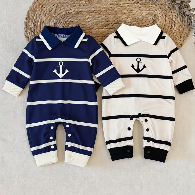 Casual Anchor Stripe Print Long Sleeve Baby Boy Jumpsuit