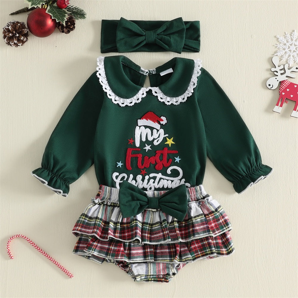 3PCS My First Christmas Letter Embroidered Plaid Printed Baby Set