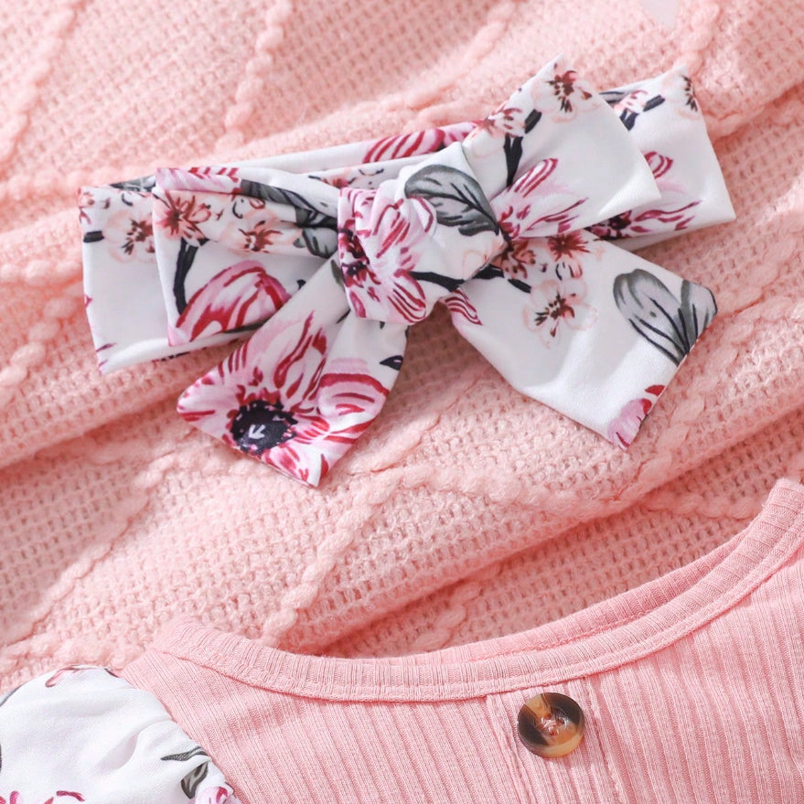 2PCS Delightful Floral Printed Ruffle Baby Jumpsuit