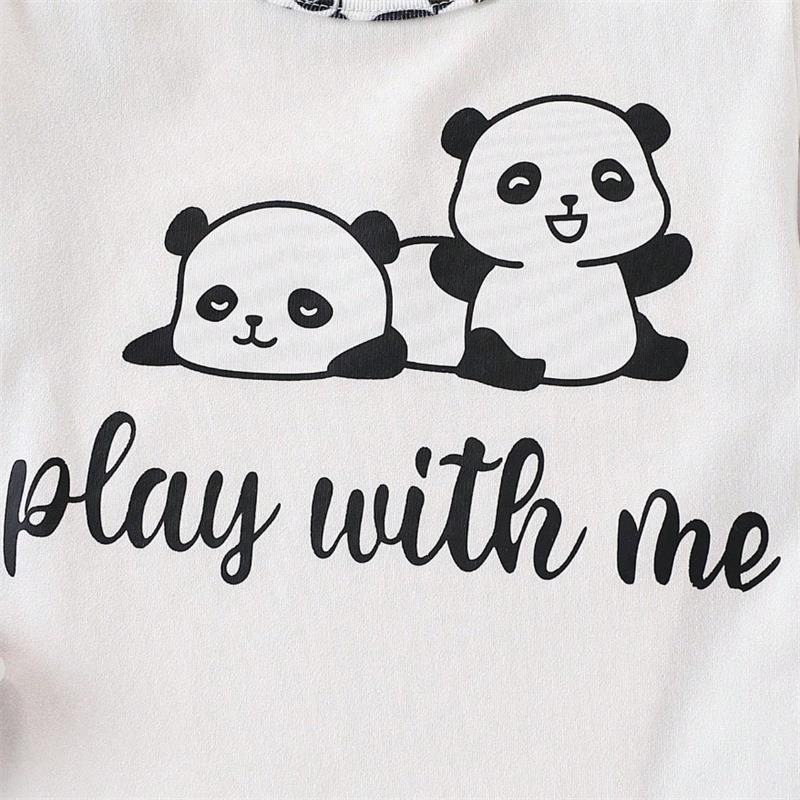 3PCS Play with Me Letter Panda Print Plaid Long Sleeve Baby Set