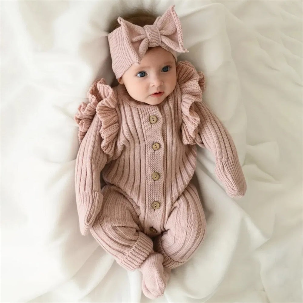 Solid Color Knit Ruffle Trim Long Sleeve Baby Jumpsuit