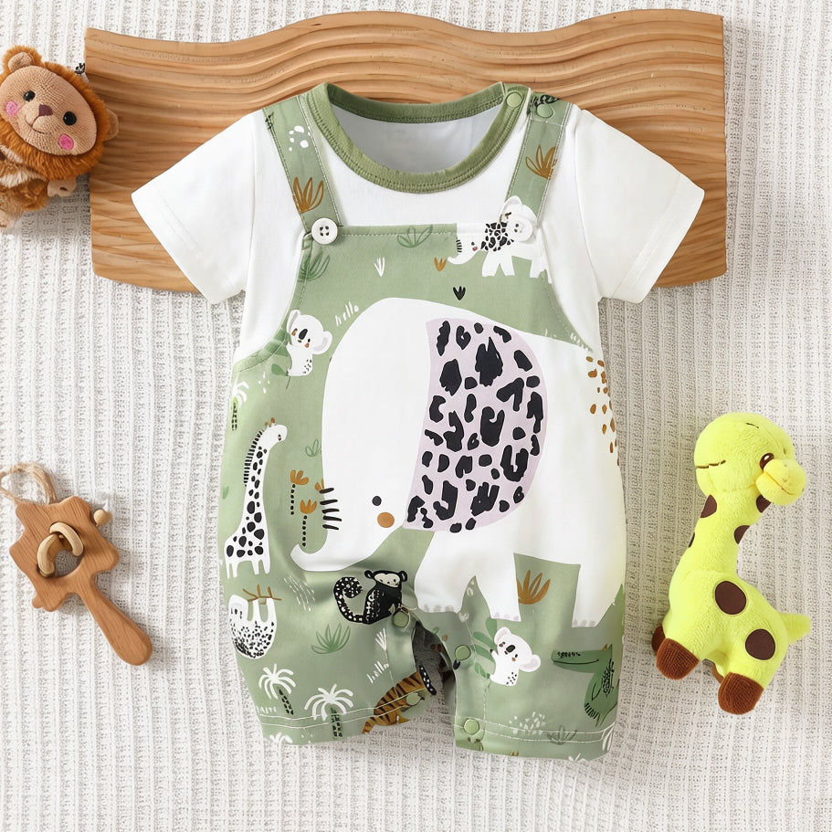 Cute Fake Two-Piece Animal Print Short Sleeve Baby Jumpsuit