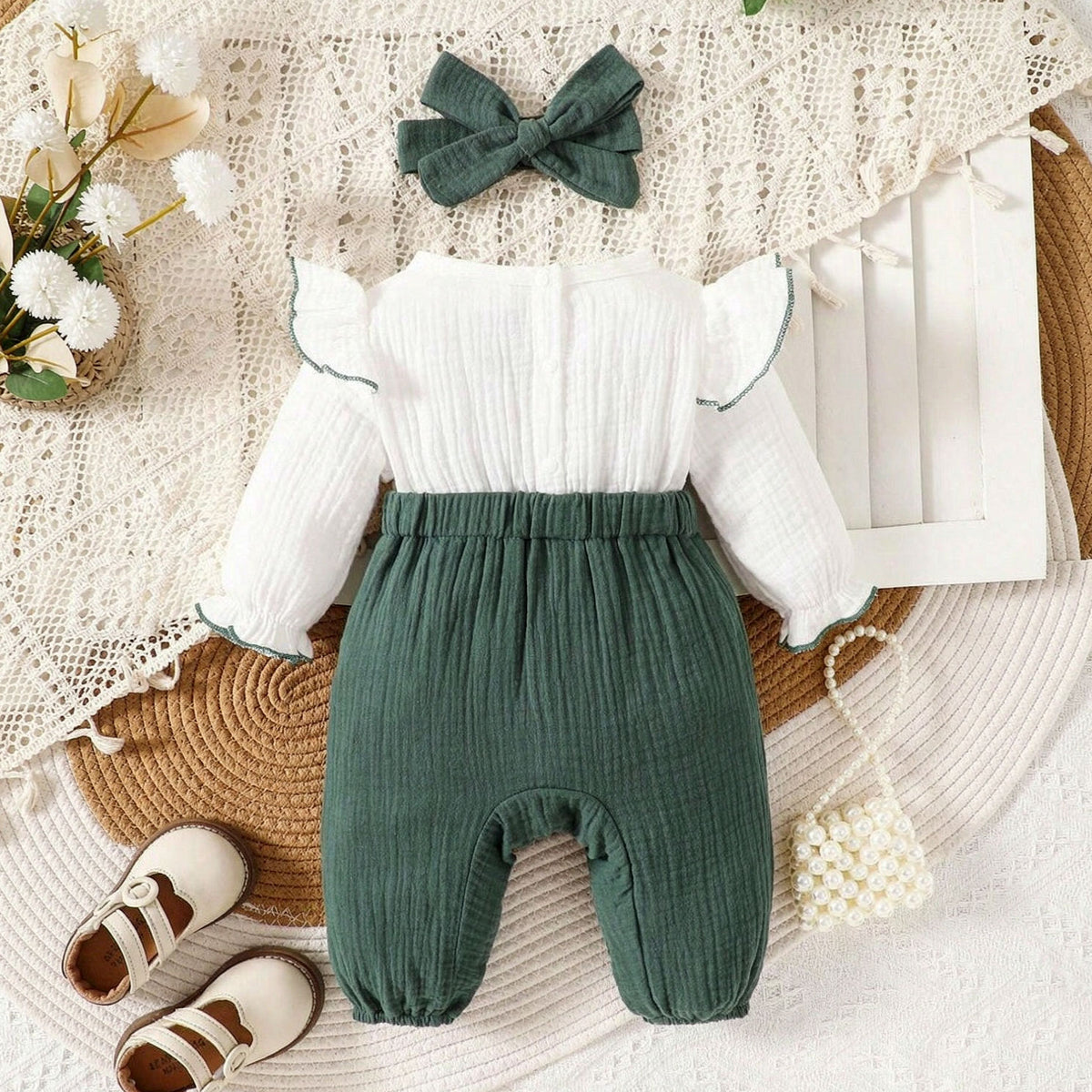 2PCS Sweet Color Block Bow Long Sleeve Baby Girl Jumpsuit