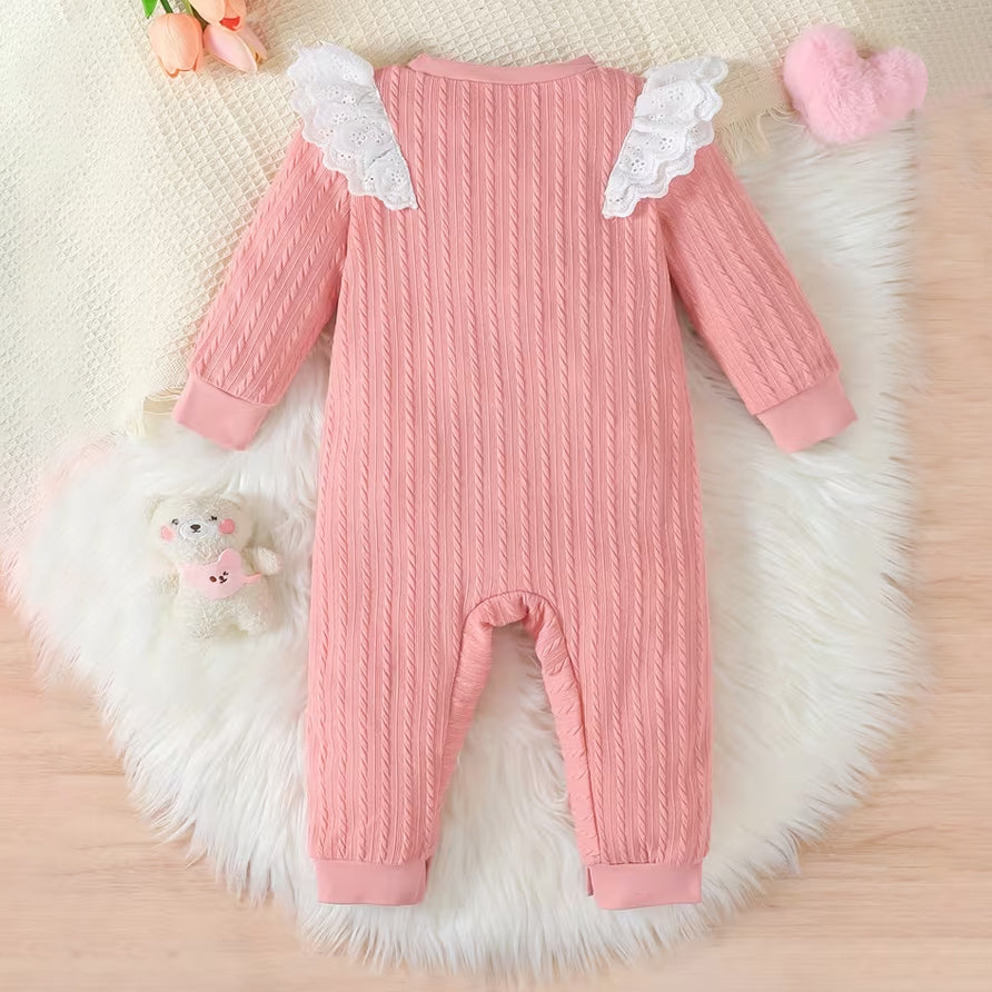 Good Baby Letter Heart Print Lace Ruffle Baby Jumpsuit