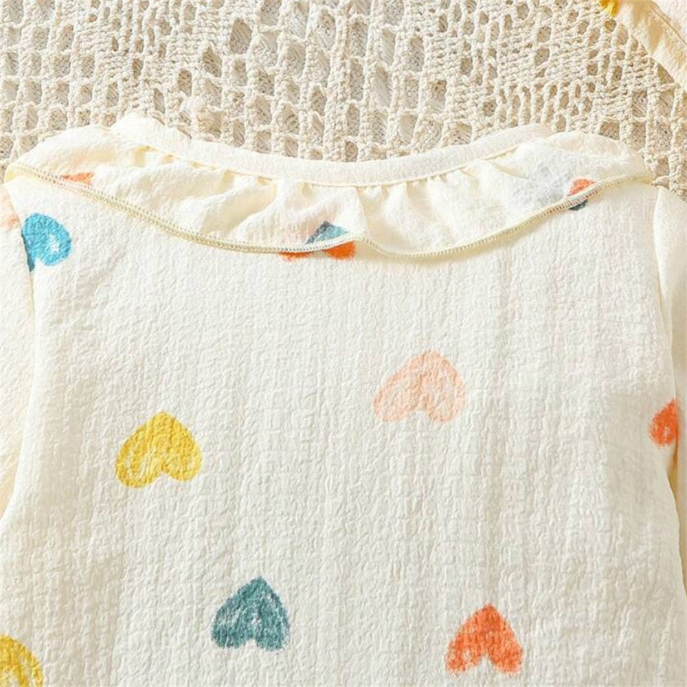 2PCS Colorful Heart Print Frill Long Sleeve Baby Jumpsuit