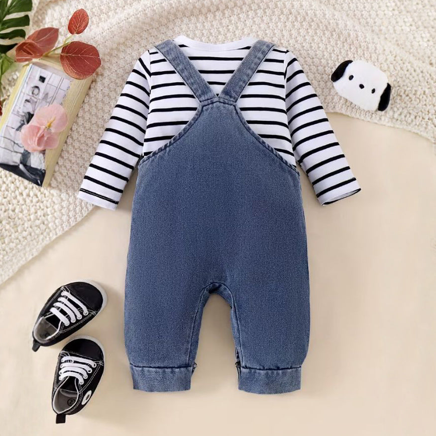 2PCS 3D Dog Stripe Print Long Sleeve Baby Overalls Set