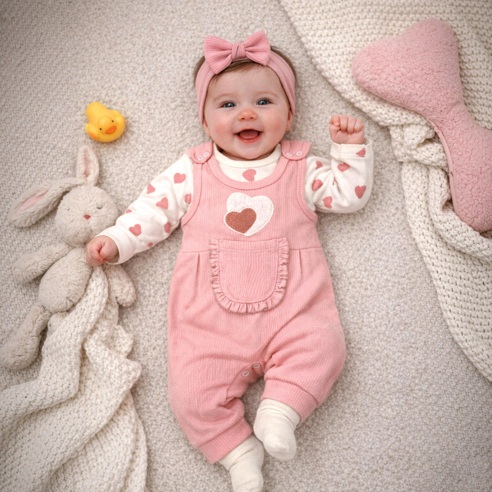3PCS Grace Heart Applique Long Sleeve Baby Overalls Set