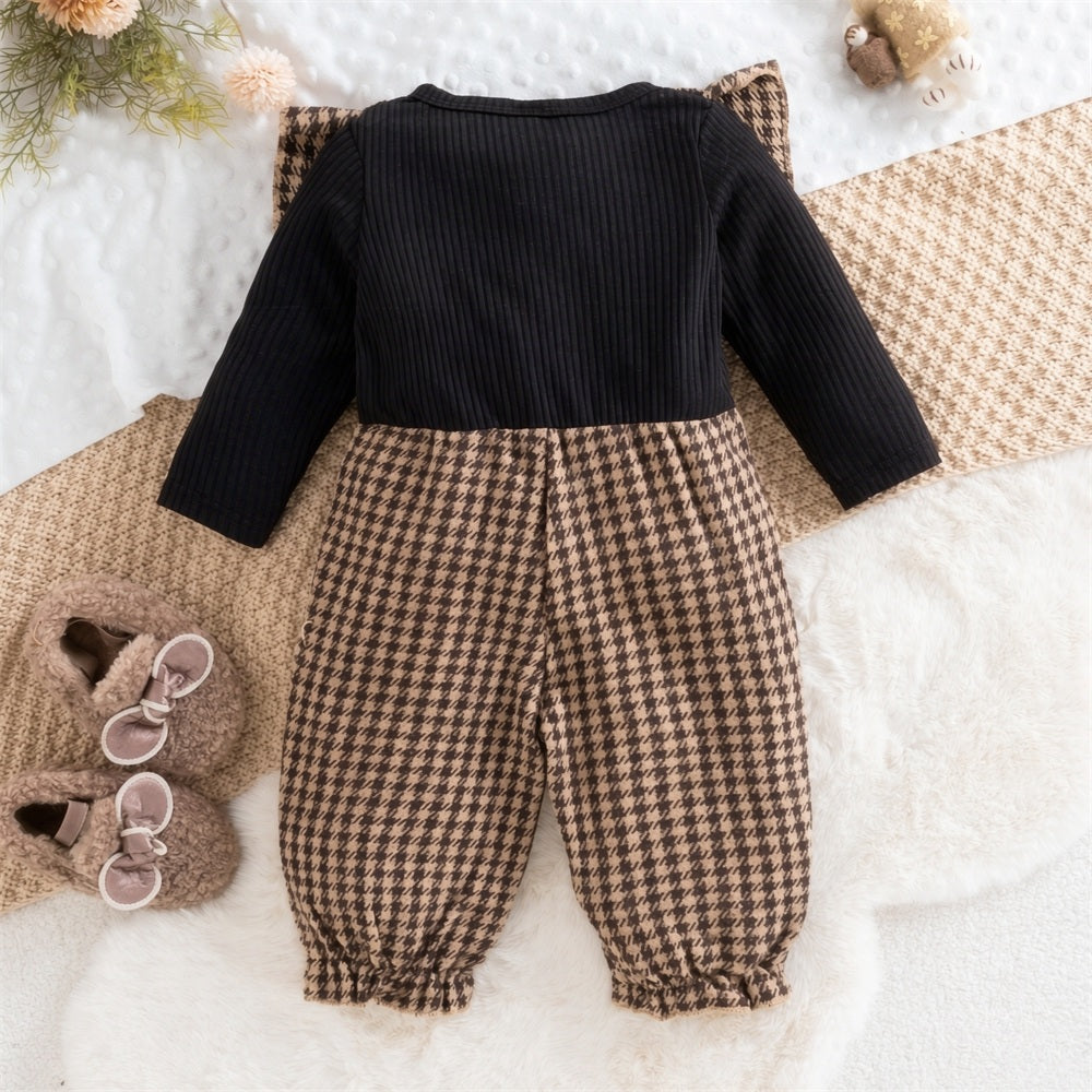 Cute Houndstooth Printed Printed Long Sleeve Baby Jumpsuit