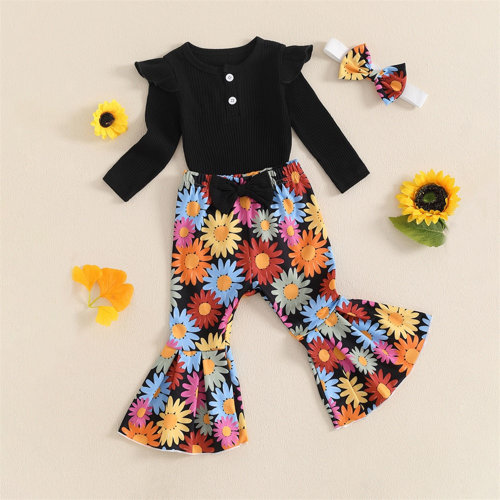 3PCS Comfy Cute Floral Print Long Sleeve Baby Set