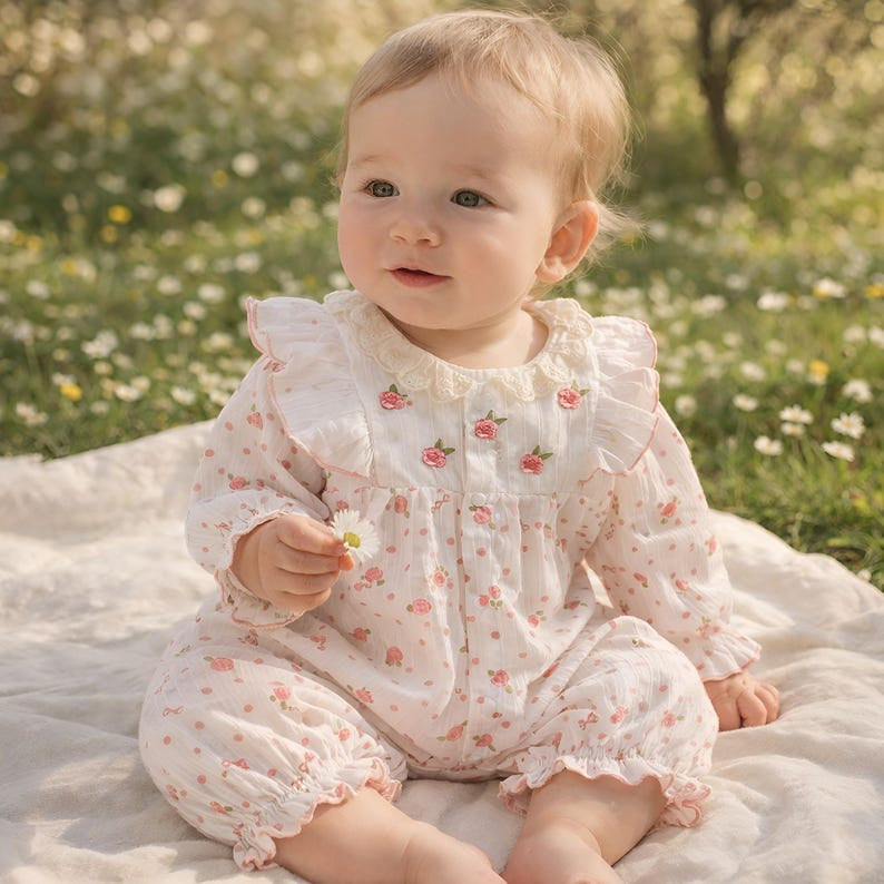 Sweet Floral Print Ruffled Trim Long Sleeve Baby Jumpsuit