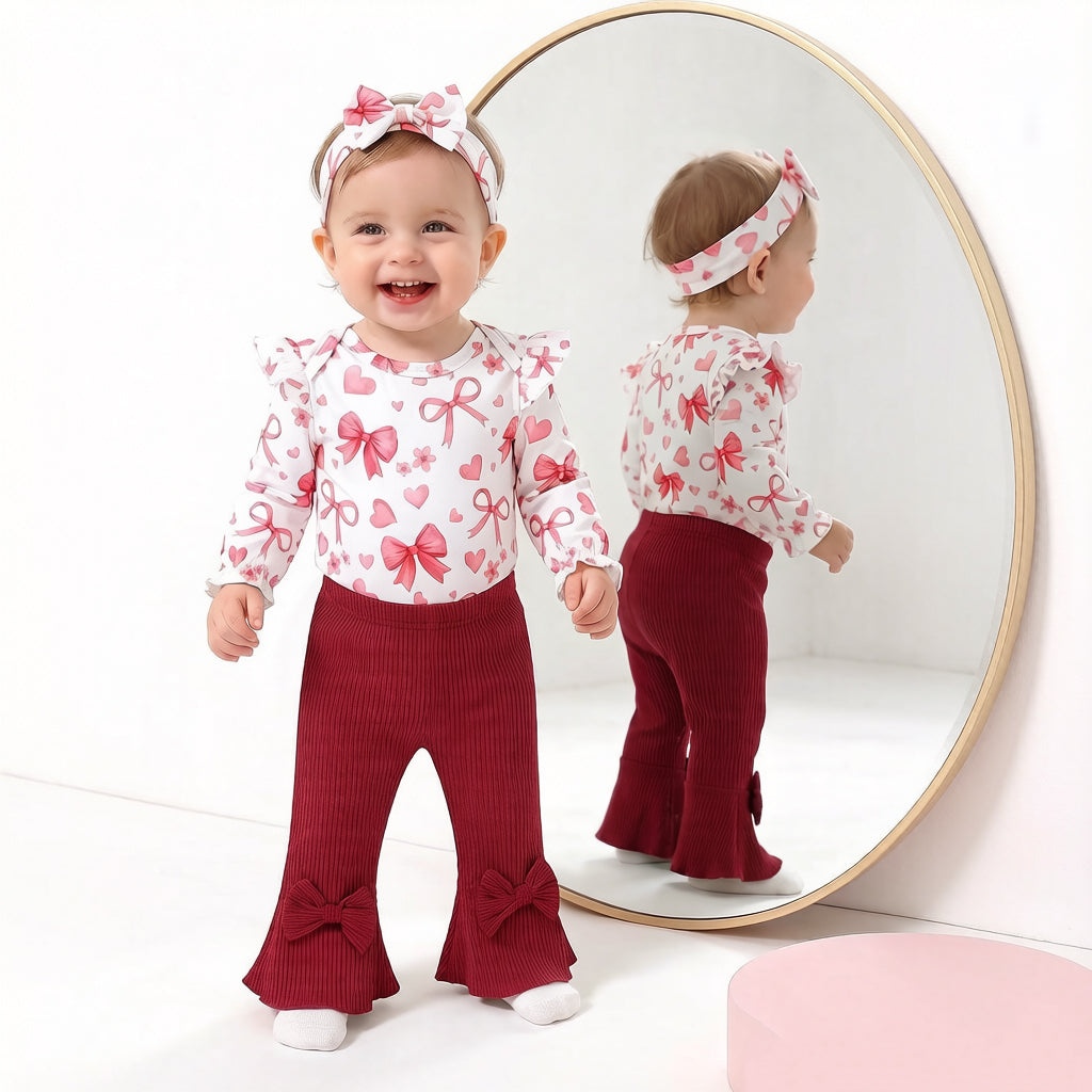 3PCS Pretty Bow and Heart Print Long Sleeve Baby Girl Set
