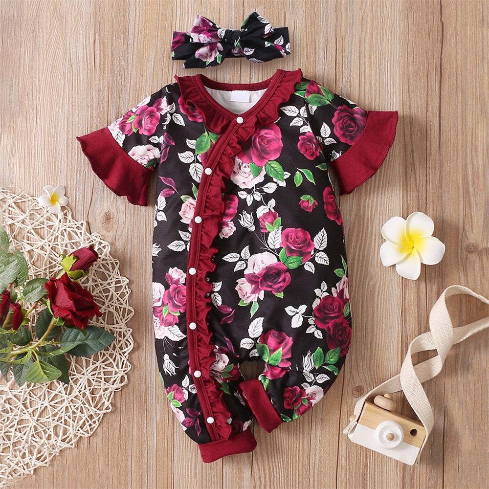 2PCS Casual Floral Print Frill Trim Short Sleeve Baby Jumpsuit