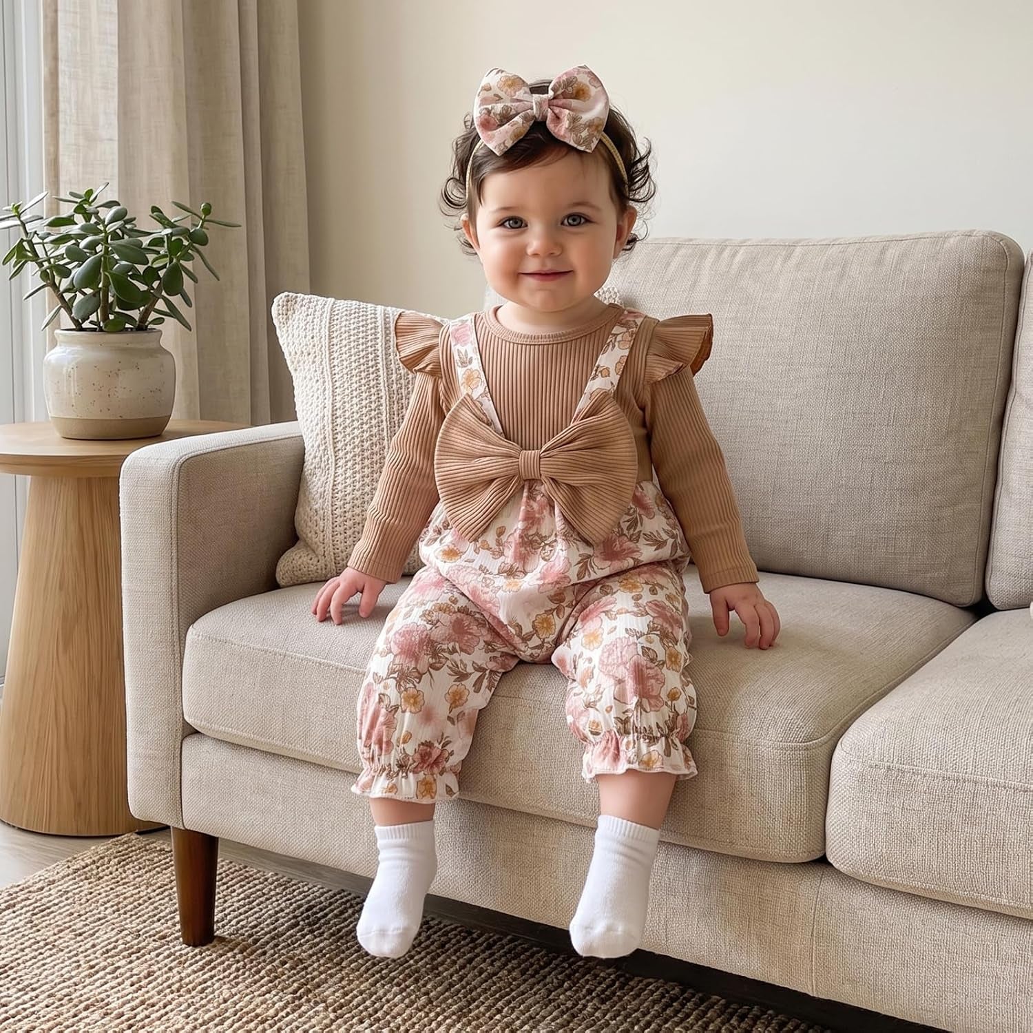 2PCS Classy Floral Printed Long Sleeve Baby Girl Jumpsuit